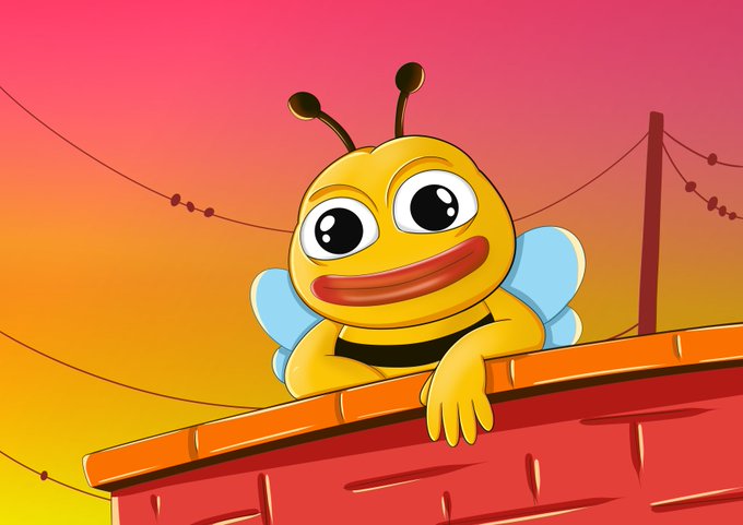 A cartoon bee character with big eyes and a smile peeks over a brick wall against a sunset-colored sky with string lights.