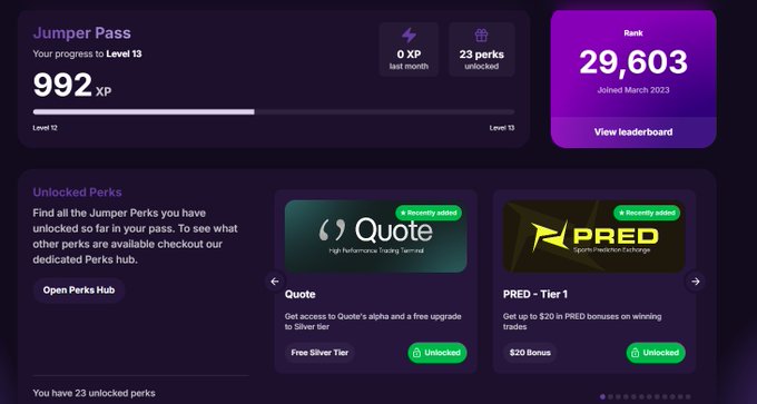 A 'Jumper Pass' rewards dashboard showing Level 13 status with 992 XP, rank 29,603, and unlocked perks including 'Quote' (High Performance Trading Terminal) and 'PRED - Tier 1' with a $20 bonus.