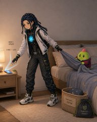 A figurine of a character with dreadlocks in futuristic clothing points to a glowing blue orb, while a small plush duck wearing a duckbill rests on a nearby bed.