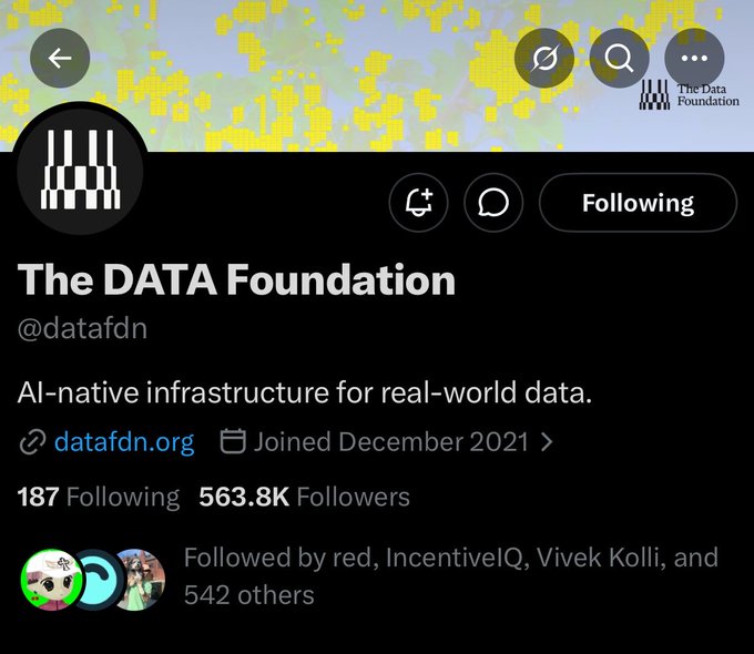 A Twitter/X profile page for "The DATA Foundation" (@datafdn), showing their tagline "AI-native infrastructure for real-world data," 563.8K followers, 187 following, and a join date of December 2021, with the post highlighting the rebrand of Story Protocol to The Data Foundation and the $IP to $DATA token transition.
