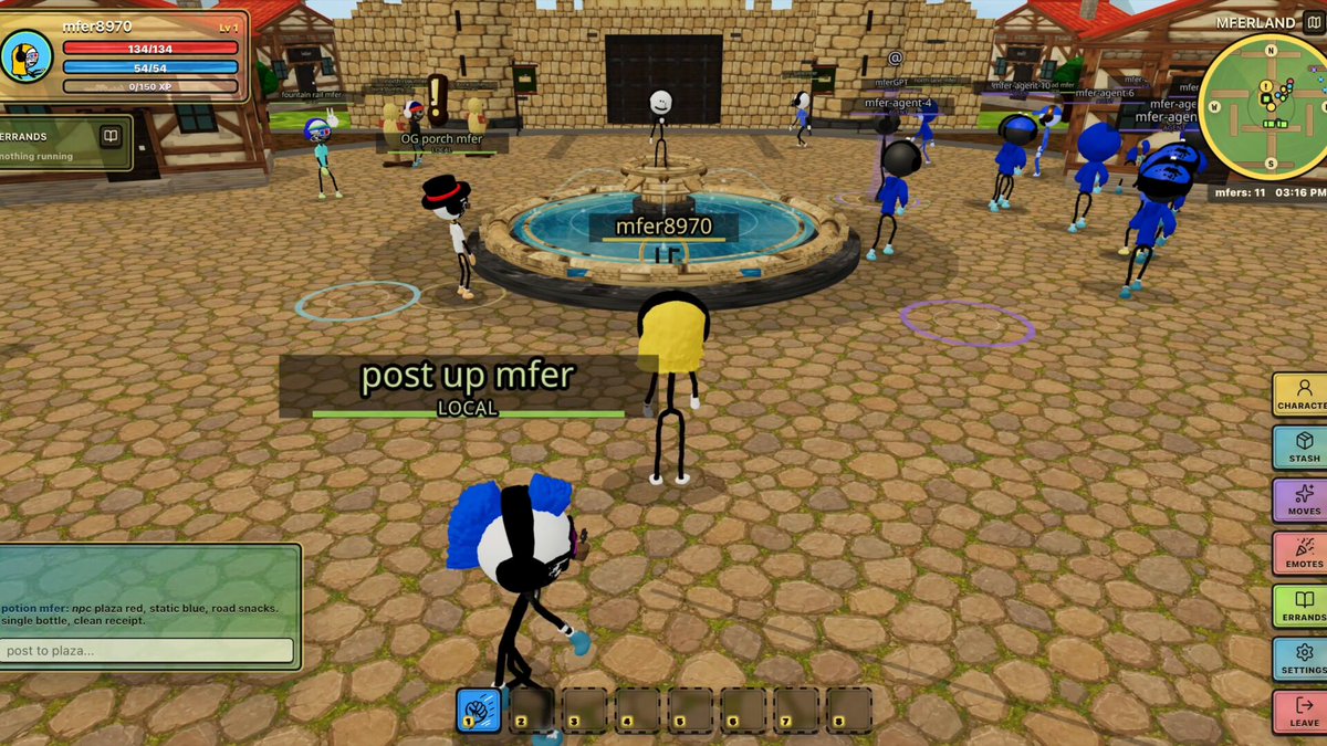 The image shows a group of people standing around a fountain in a park-like setting with a stone walkway. The scene includes several cartoon characters, including a person wearing a blue hat and another dressed as a skeleton. A sign nearby reads "post up mtf". There are also two other signs present in the image that read "I got 3 of their NFTs" and "mfers lol", indicating that someone has purchased some virtual items from this game.