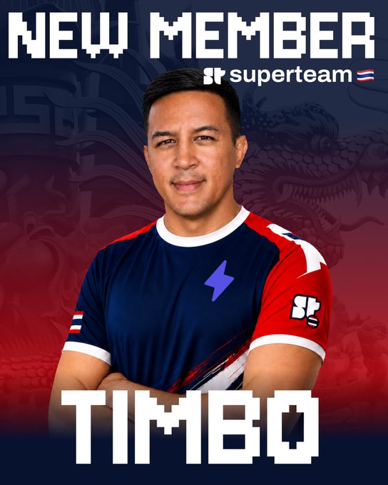 Timbo, a new member of Supertteam Thailand, is featured in a pixel-style announcement graphic wearing a red and navy esports jersey with the Supertteam logo and a Thai flag. The "NEW MEMBER" banner celebrates his joining the Bangkok-based community as he embarks on the next phase of his Learnspace project.