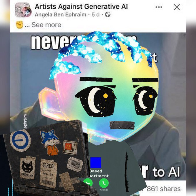 A Facebook post from "Artists Against Generative AI" by Angela Ben Ephraim features a digital artwork of a glowing blue-haired cartoon character with text "never" and "to AI" partially visible, along with a sticker-covered laptop labeled "SCRED."