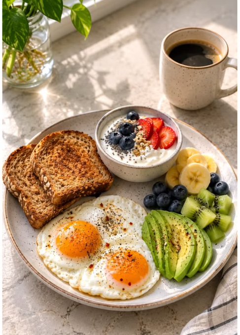 A breakfast plate featuring sunny-side-up eggs, avocado slices, kiwi, blueberries, banana, strawberries, yogurt with chia seeds, toasted bread, and a cup of black coffee on a marble countertop.