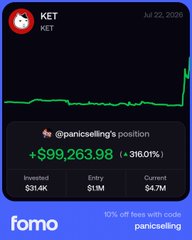 Fomo app screenshot showing KET token with a position by @panicselling returning +$99,263.98 (+310.0%) on a $31.4K investment.