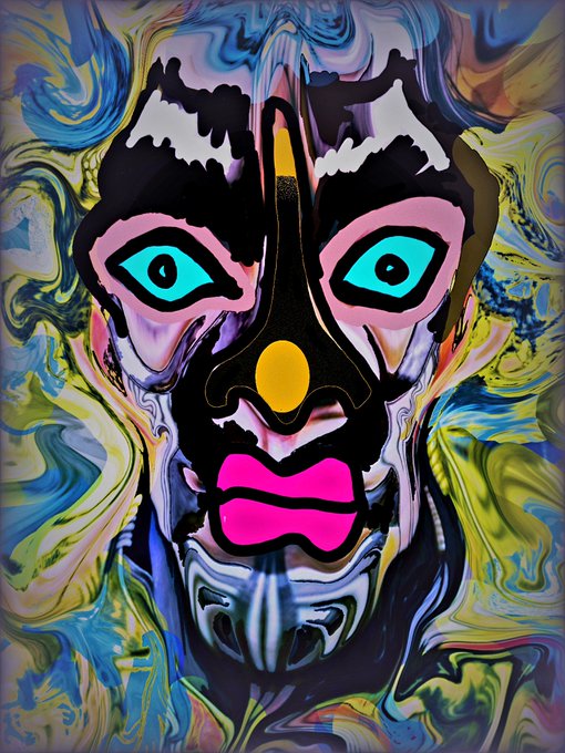 A vibrant, psychedelic digital artwork of a face with striking turquoise eyes, bright pink lips, and a golden nose, set against swirling blue, yellow, and green patterns.