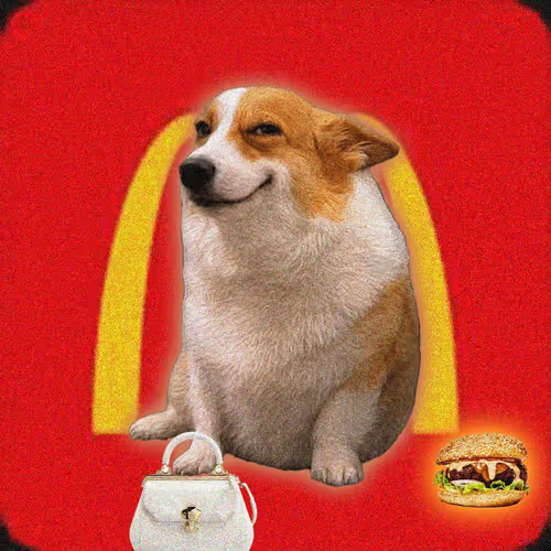 A Jack Russell Terrier dog sits in front of a McDonald's logo on a red background, with a white handbag and a hamburger image beside it.