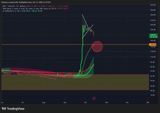 A TradingView chart of OMX (Onyxcoin) on Binance shows a dramatic parabolic price spike from around $70 to over $400 in October 2024, followed by a sharp retracement with an annotation indicating a potential dip toward the $159.64 support level, illustrating the post's message about a planned retracement before further upside.