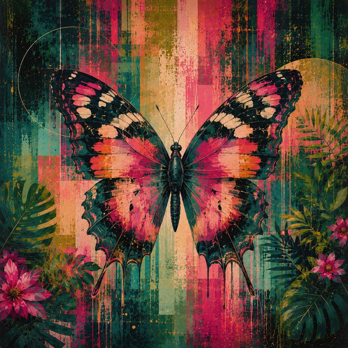 A vibrant artistic illustration of a butterfly with pink, black, and white patterned wings, set against a textured background of pink and green stripes with tropical leaves and pink flowers.
