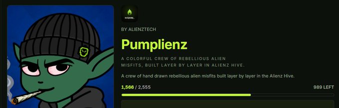A dark-themed NFT project page titled 'Pumplienz' by ALIENZTECH, featuring a cartoon green alien smoking a joint, described as 'A COLORFUL CREW OF REBELLIOUS ALIEN MISFITS,' with a progress bar showing '989 LEFT' out of 2,555.