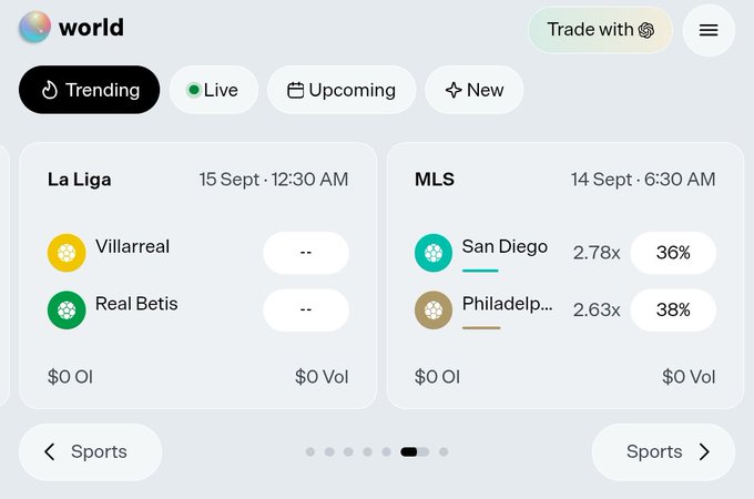 A trading platform interface titled 'world' showing trending sports events, including a La Liga match between Villarreal and Real Betis and an MLS match between San Diego and Philadelphia.