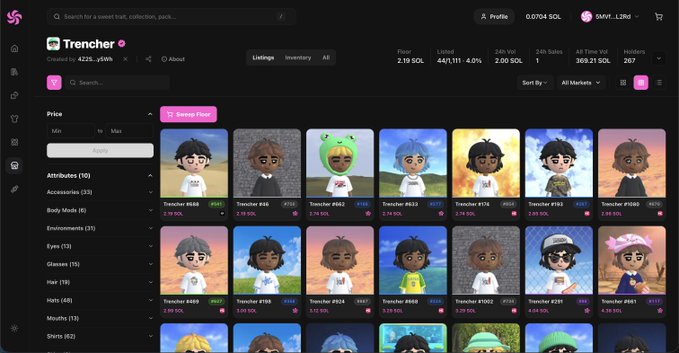 A marketplace interface shows a 'Trencher' NFT collection by 4226_y5thl, featuring various cartoon character avatars with attributes like Body Mode and Eyes.