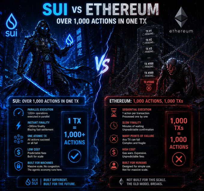 An infographic comparing "SUI vs ETHEREUM" titled "OVER 1,000 ACTIONS IN ONE TX," highlighting SUI's parallel execution and Ethereum's sequential limitations.