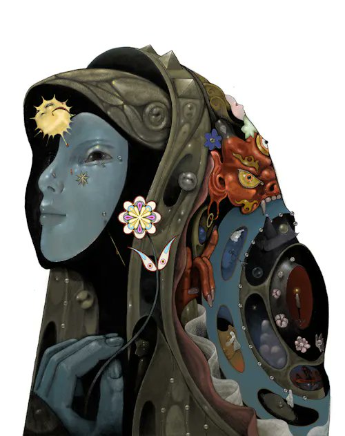 A surreal digital artwork depicting a blue-skinned figure wearing an ornate hood, holding a flower, with intricate details including a sun mask, a demon face, and various small symbolic elements decorating the flowing garment.
