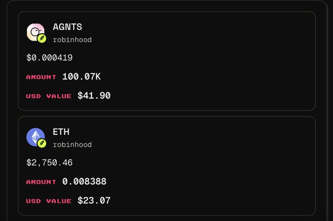 A dark-themed crypto portfolio display showing AGNTS holdings via Robinhood (100.07K tokens, $41.90) and ETH holdings (0.008388, $23.07).