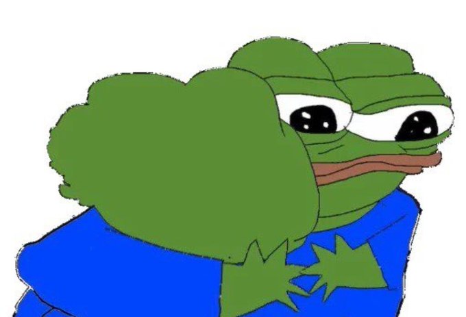 A sad-looking Pepe the Frog dressed in a blue suit clutches a wad of cash, perfectly capturing the melancholy realization of having invested one's life savings into a "psyop."