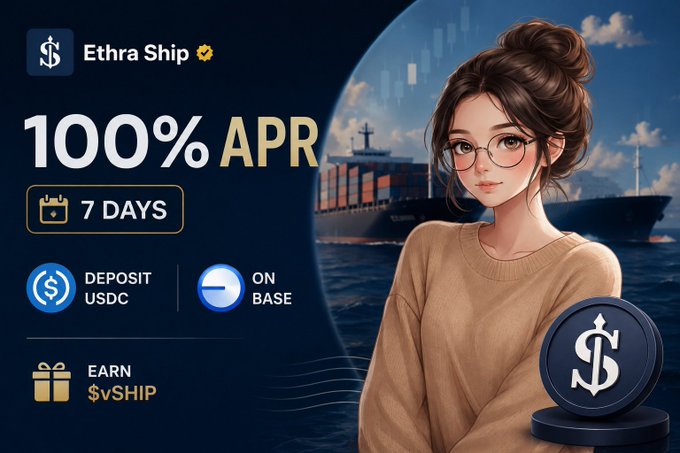 Advertisement for 'Ethra Ship' featuring an anime-style woman with glasses, promoting '100% APR', '7 DAYS', 'DEPOSIT USDC', 'ON BASE', and 'EARN $vSHIP' with a shipping port background.