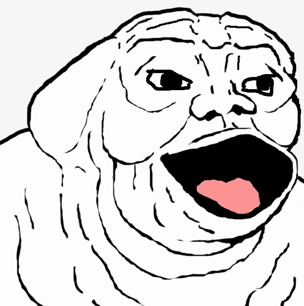A black-and-white line drawing of a distorted, wrinkled face with an open mouth, commonly known as the 'Wojak' meme.
