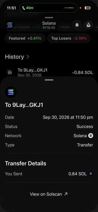 The image shows a successful Solana wallet transaction history confirming a 0.84 SOL transfer (approximately $118.49) sent to address "9Lay...GKJ1" on September 30, 2026. This directly supports the post's claim of sending $100 worth of SOL, with the screenshot serving as proof of the completed transaction.