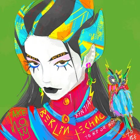 A stylized digital drawing of a woman with colorful hair buns, intense eye makeup, and text including 'BERLIN', 'TAKE ME HOME', and 'TO BE OR NOT TO BE' on her clothing.