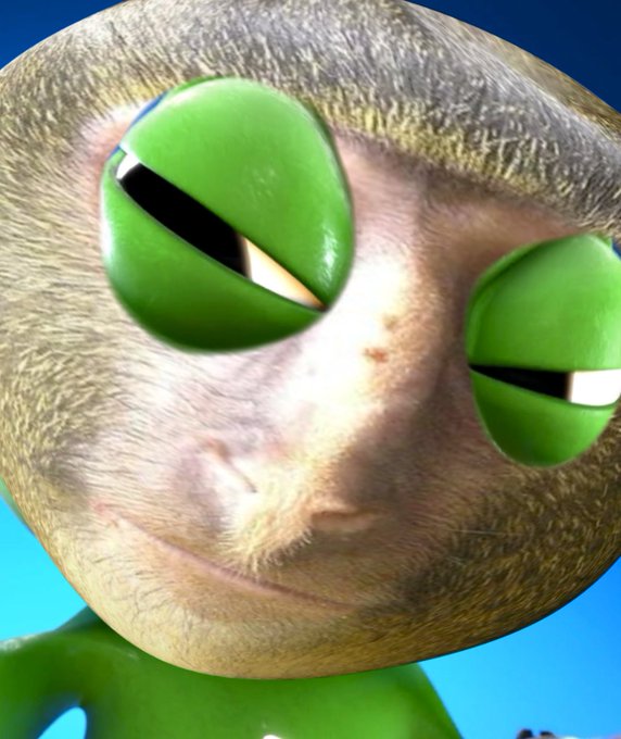 A close-up 3D-rendered image of a green alien-like creature with large green reptilian eyes and a textured brown face.