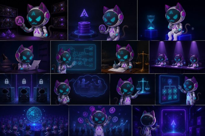 A collage of AI-generated illustrations featuring a futuristic cat-like robot character with an 'A' logo on its forehead, shown in various neon-lit scenarios involving cryptocurrency, justice scales, technology, and crowds.