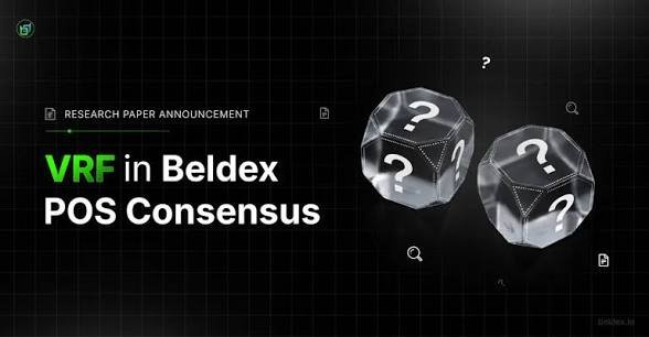 A dark promotional graphic with the text 'RESEARCH PAPER ANNOUNCEMENT: VRF in Beldex POS Consensus' alongside two translucent 3D dice with question marks.