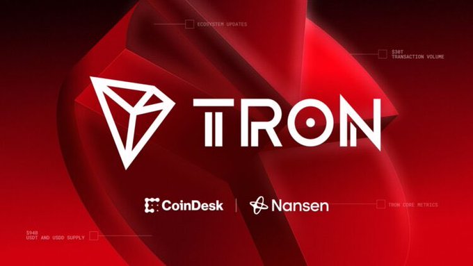 A red TRON graphic displays the “TRON” logo with “CoinDesk | Nansen,” plus small labels such as “ECOSYSTEM UPDATES,” “TRON CONC METRICS,” and “DEFI AND USDT SUPPLY.”