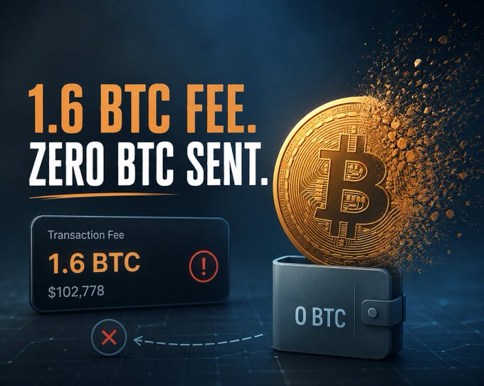 A graphic with the headline '1.6 BTC FEE. ZERO BTC SENT.' showing a Bitcoin coin crumbling into dust, a 'Transaction Fee 1.6 BTC ($102,778)' alert, and a wallet labeled '0 BTC'.