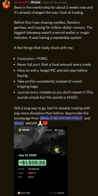 This image shows a trading profit of +$1,505.56 on July 13, 2026, with GMGN displayed as the ticker, demonstrating the positive results of the Serenity mentorship. The provided post text explains that the mentorship has significantly improved the user's trading strategy.