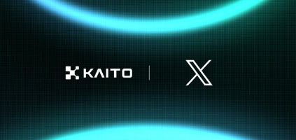 A dark minimalist graphic displaying the 'KAITO' and X (formerly Twitter) logos beneath a glowing cyan arc.