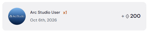 A notification indicating a transaction from 'Arc Studio User' dated Oct 6th, 2026, involving a transfer of 200 (diamond icon).