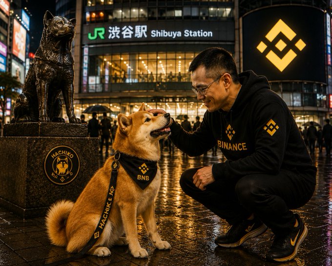 A man in a black Binance hoodie crouches to pet a Shiba Inu dog wearing BNB-branded gear in front of the Hachiko statue and JR Shibuya Station, with a Binance logo displayed prominently.