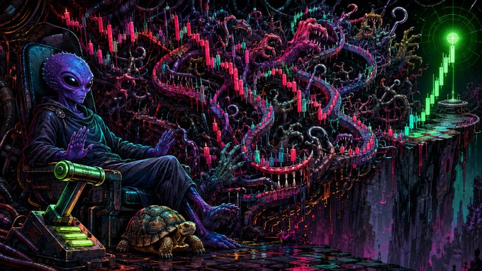 A digital artwork showing a purple alien meditating on a throne beside a tortoise, with surreal stock market charts and tentacles emerging from a cosmic background.