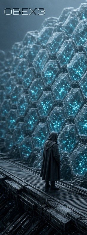 Sci-fi artwork featuring a cloaked figure standing on a platform, gazing at a massive wall of glowing blue hexagonal pods, with the text 'OBEX3' in the corner.