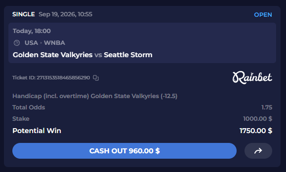 A sports betting slip from Rainbet for a WNBA single bet on Golden State Valkyries (-12.5) vs Seattle Storm with potential win of $1,750.00 and cash out option of $960.00.