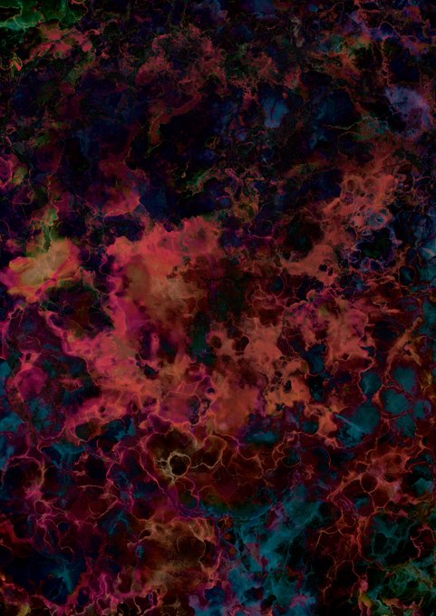 A dark, textured abstract artwork resembling organic or cellular patterns in deep blues, purples, reds, and pinks with web-like details.