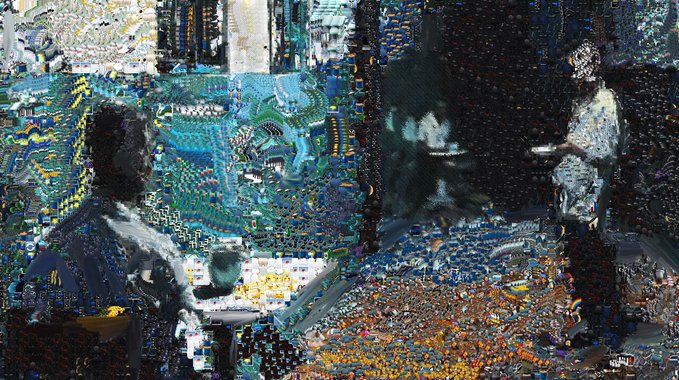 A heavily distorted and pixelated image of two figures playing a board game, appearing like corrupted digital art.