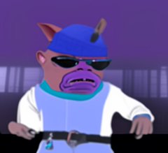 A cartoon image of a pig character wearing a blue cap, sunglasses, and a white lab coat, resembling a DJ.