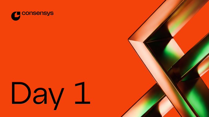 The image features a bold orange background with the Consensys logo in the top left corner, large "Day 1" text on the left, and an abstract geometric rendering of Linea's triangular emblem in iridescent green and orange tones on the right—visually marking the launch of a new chapter as Linea joins forces with Consensys to drive the next phase of Ethereum adoption.
