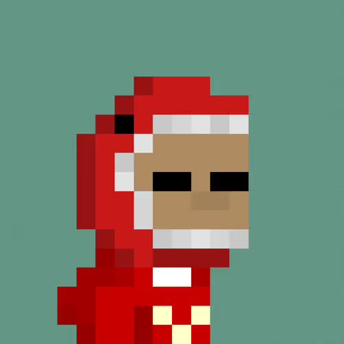 A pixelated character in a red hooded suit with a tan face, black eyes, and white facial accents, representing the 'Regen' avatar mentioned in the text.