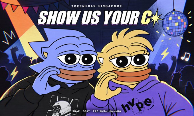 A vibrant illustration for Token2049 Singapore features two duck mascots—one blue wearing a Chainbase helmet, one yellow in a "hype" hoodie—striking a "C" hand gesture, directly tying to the "Show us your C" call for fans to post similar C-hand-sign photos and tag @ChainbaseHQ for $C rewards and Chainbase × PopX blind boxes.