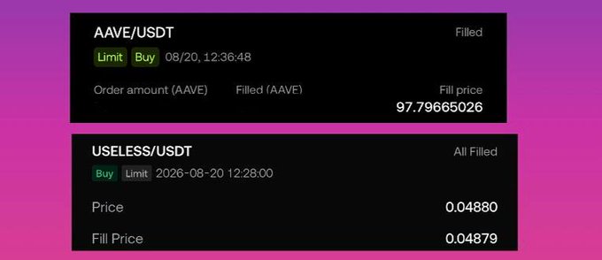 A trading interface displays two filled limit buy orders: AAVE/USDT at a fill price of ~97.80 and USELESS/USDT at ~0.0488, confirming the user's purchases of both tokens.