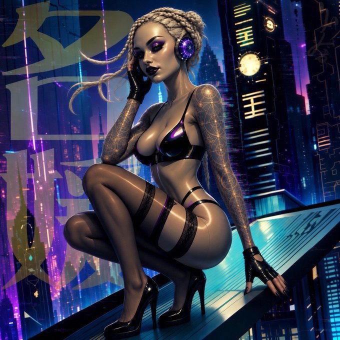 Cyberpunk-style digital artwork depicting a stylized woman with platinum blonde braided hair, wearing black lingerie, stockings, and high heels, crouching on a rooftop against a neon-lit futuristic cityscape with Japanese characters in the background.