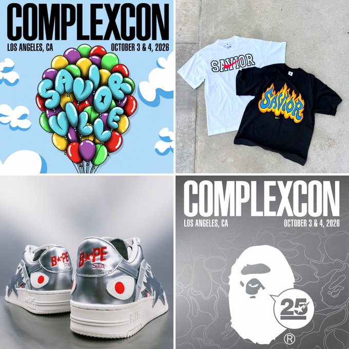 ComplexCon Los Angeles (October 3 and 4, 2026) promotional collage featuring Saylor t-shirts, a balloon graphic, BAPE STA sneakers, and the 25th anniversary BAPE logo.