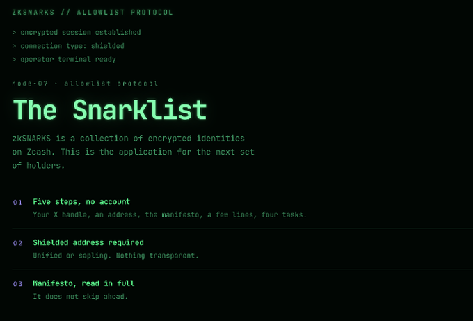 The image displays a terminal-style webpage titled "The Snarklist" for the ZKSNARKS protocol on Zcash, outlining a three-step whitelist application process requiring a shielded address, a manifesto review, and no account creation. This relates to the post by promoting the zksnarks.net/snarklist whitelist application with an urgent deadline, encouraging users to apply and check their status.