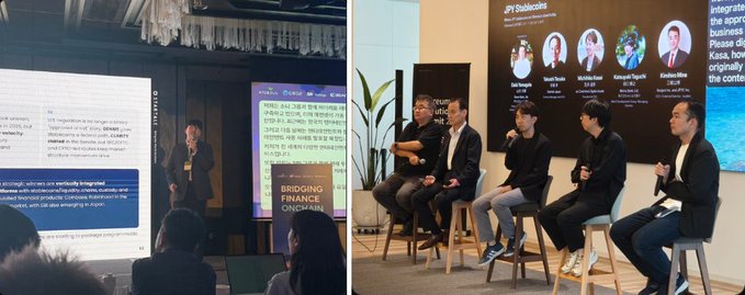 Two side-by-side conference photos: on the left, a man presents near a screen with Korean text at a "Bridging Finance OnChain" event; on the right, a panel of four men discuss "JPY Stablecoins" on stage.