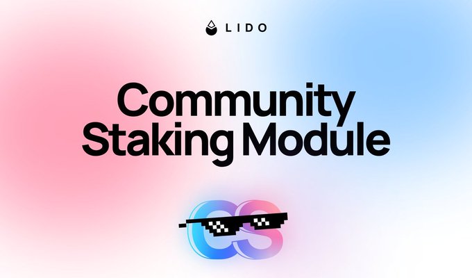 The image is a promotional graphic featuring the "LIDO" logo at the top, the bold text "Community Staking Module" in the center, and shutter shades over the "CS" (CSM) initials at the bottom, set against a pink-to-blue gradient background. This visually references Lido's Community Staking Module, the subject of the post, which discusses the complexities and risks behind its seemingly simple bond-and-node-operator model.