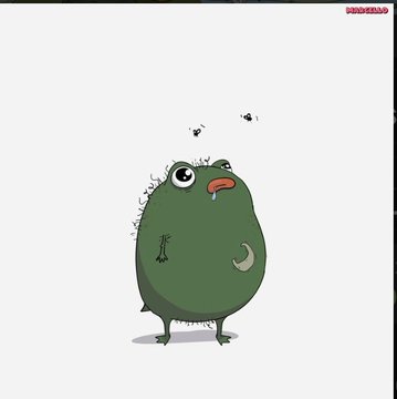 A cartoon illustration of a small, round green monster with a goofy expression and bugs buzzing around its head, with the signature 'Shredded' in the top right corner.