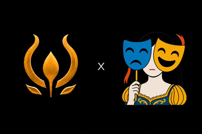 A golden flame logo next to an 'x' and an illustration of a woman holding blue and yellow theatrical masks on a black background.